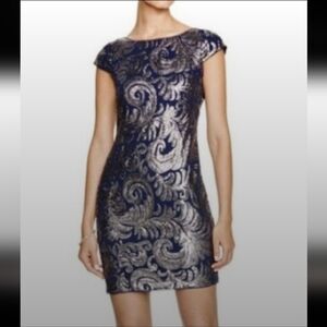 Adrianna Papell Sequin Chiffon Cocktail Formal Dress Blue Silver Size 8